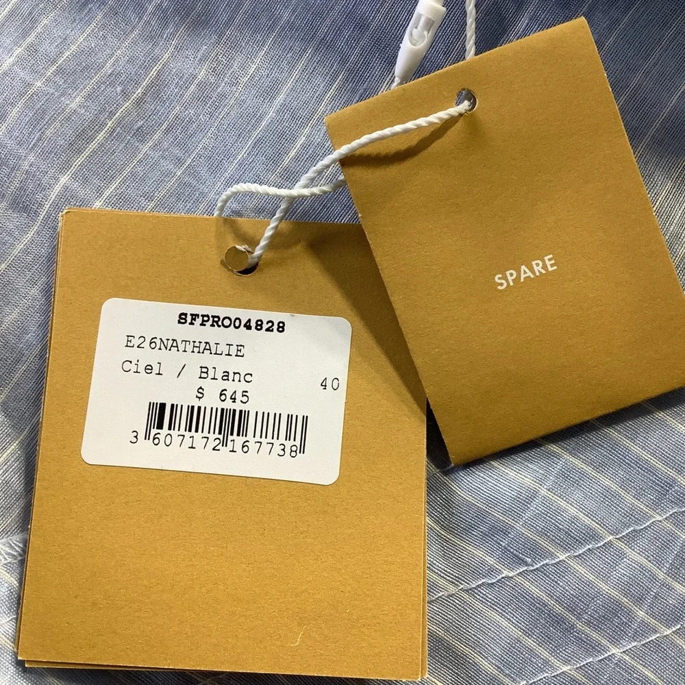 Sandro Nathalie Blue White Pinstripe Linen Lace Midi Dress Size 40 NWT - Picture 8 of 16